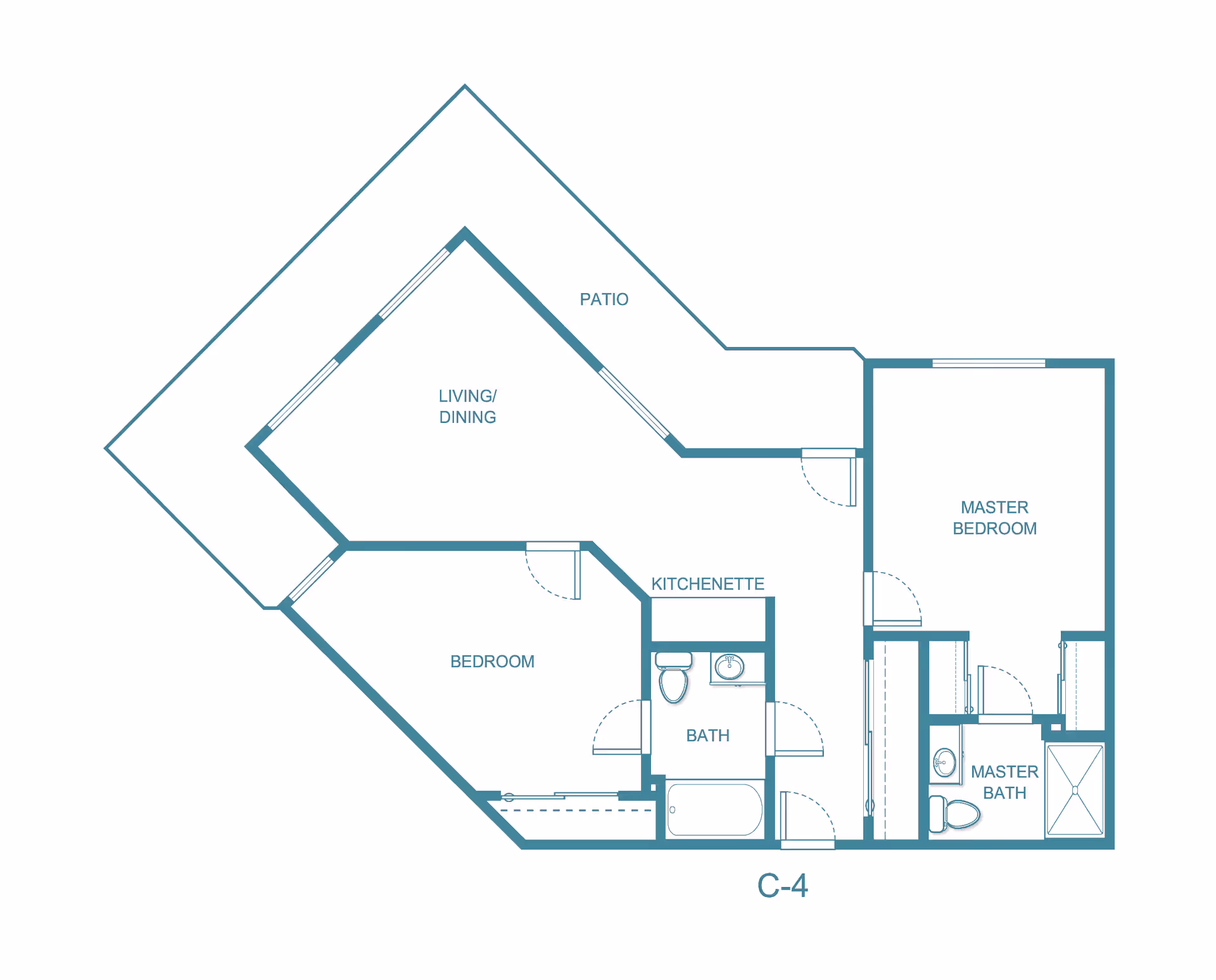 Architectural floor plan of a residential unit at Smoky Springs by Barclay House, showing a layout with a master bedroom with master bath, a second bedroom, a bath, kitchenette, living/dining area, and a patio.