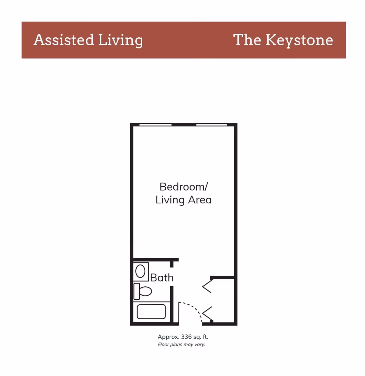 Floor plan of an assisted living unit named The Keystone at Red Cedar Glen, showing a combined bedroom and living area, a bathroom with a toilet, sink, and bathtub, and an entry area. The total area is approximately 336 square feet.