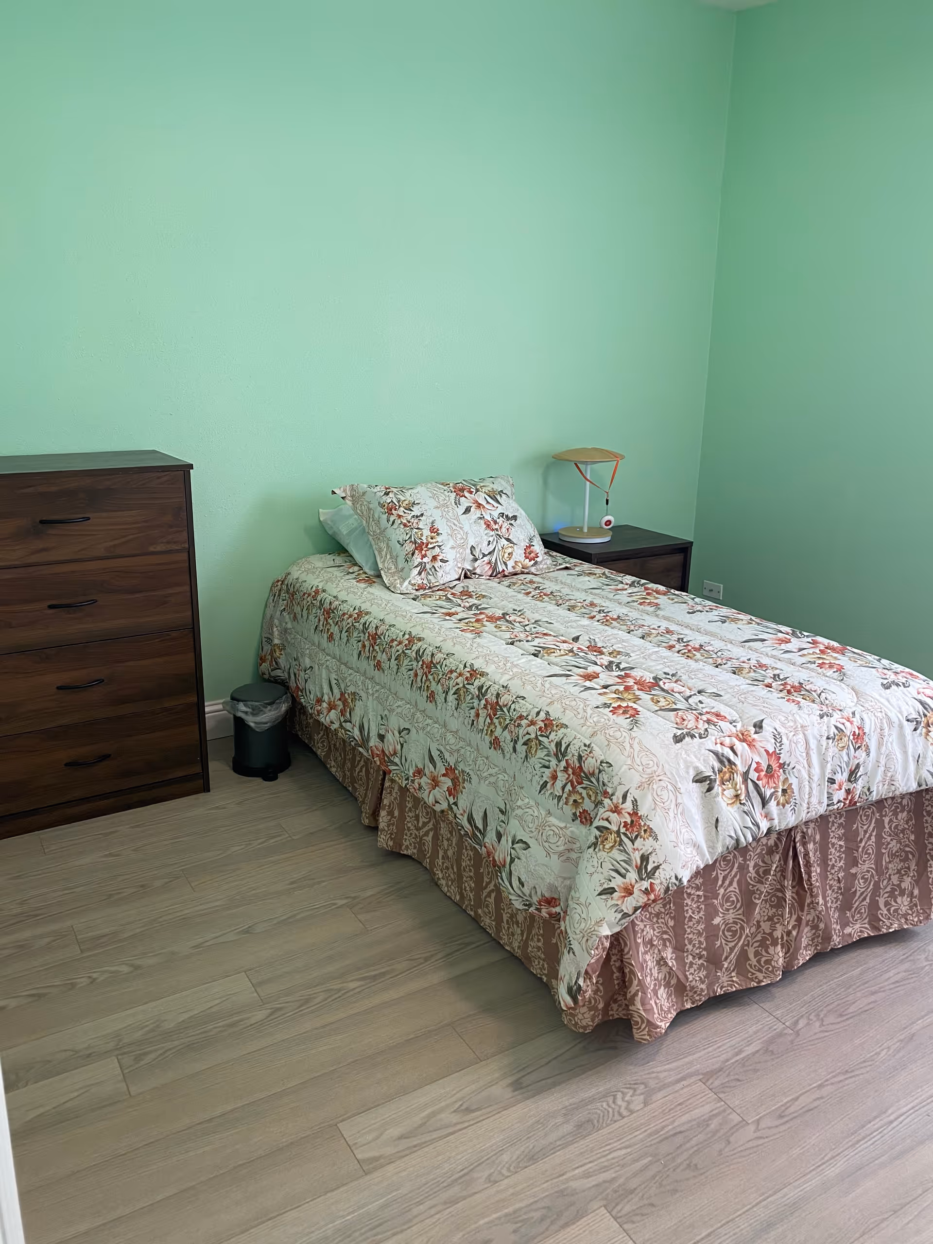 A bedroom with a single bed covered in floral patterned bedding, a wooden dresser with four drawers, a small nightstand with a lamp, and light green walls.