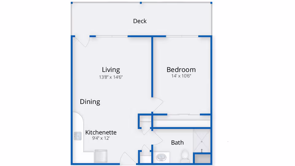 Floor plan layout of a senior living unit at The Village at Kensington Place showing a deck, living and dining area, kitchenette, bedroom, and bathroom with dimensions.
