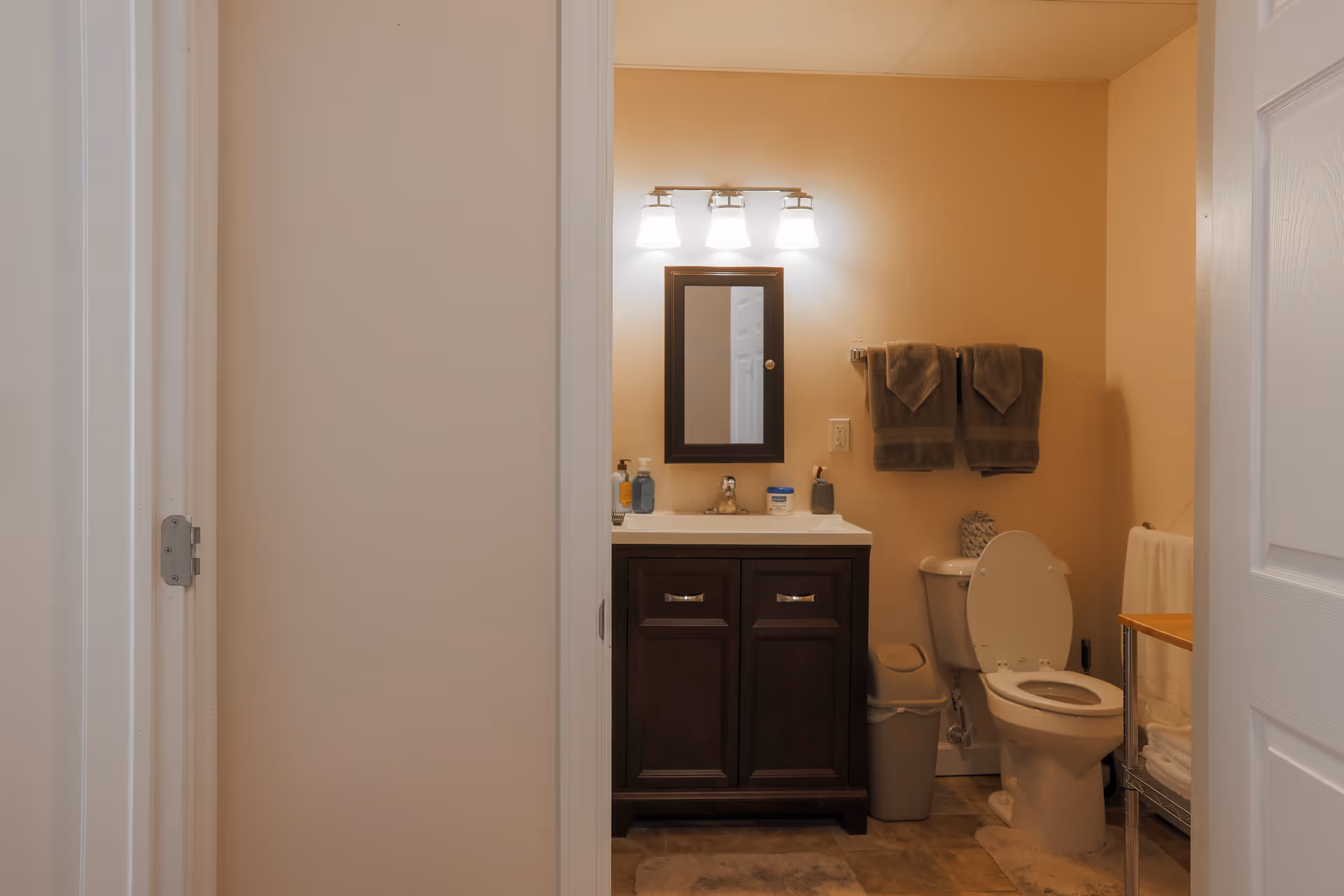 A bathroom with a dark wood vanity cabinet topped with a white sink and a mirror above it. Three light fixtures are mounted above the mirror. To the right of the vanity is a toilet with the lid open, a trash can, and a small shelving unit with towels. Two brown towels hang on a towel rack above the toilet.