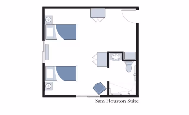 Floor plan labeled 'Sam Houston Suite' showing two beds, a bathroom with toilet and sink, a closet, and an entry door.