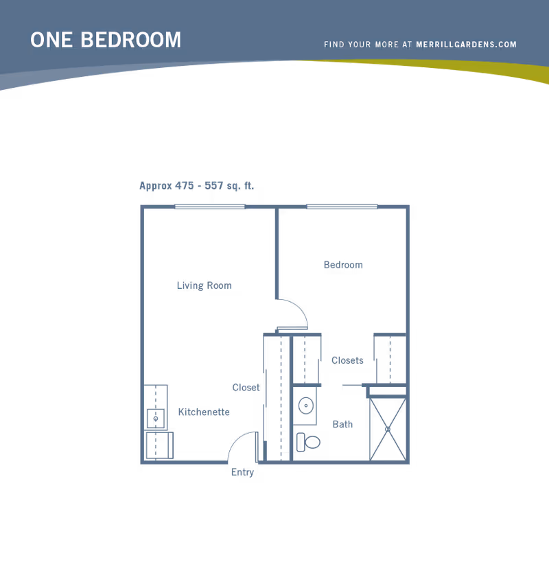 Floor plan of a one-bedroom apartment showing a living room, bedroom, kitchenette, closets, bathroom, and entry area. The approximate size is 475 to 537 square feet.