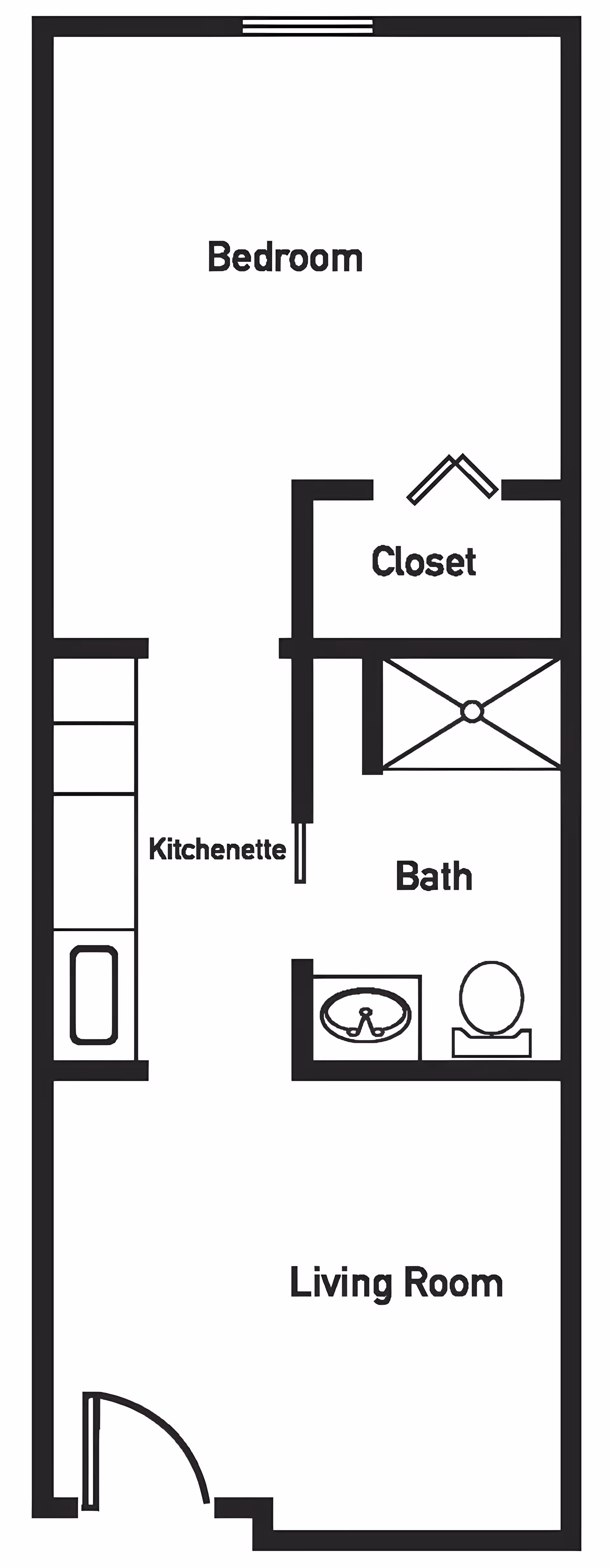Black and white floor plan layout showing a living room, kitchenette, bathroom with sink, toilet and shower, closet, and bedroom.