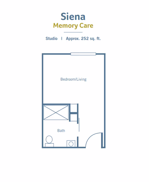 Floor plan of Siena Memory Care studio apartment approximately 252 square feet, showing a combined bedroom and living area, and a separate bathroom.