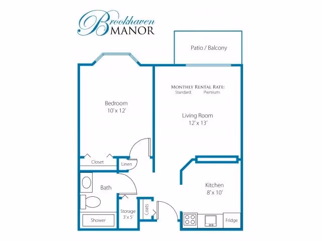 Floor plan of a Brookhaven Manor apartment showing a bedroom measuring 10 by 12 feet, a bathroom with shower, a storage area, a coat closet, a living room measuring 12 by 13 feet, a kitchen measuring 8 by 10 feet with a stove and fridge, and a patio or balcony.