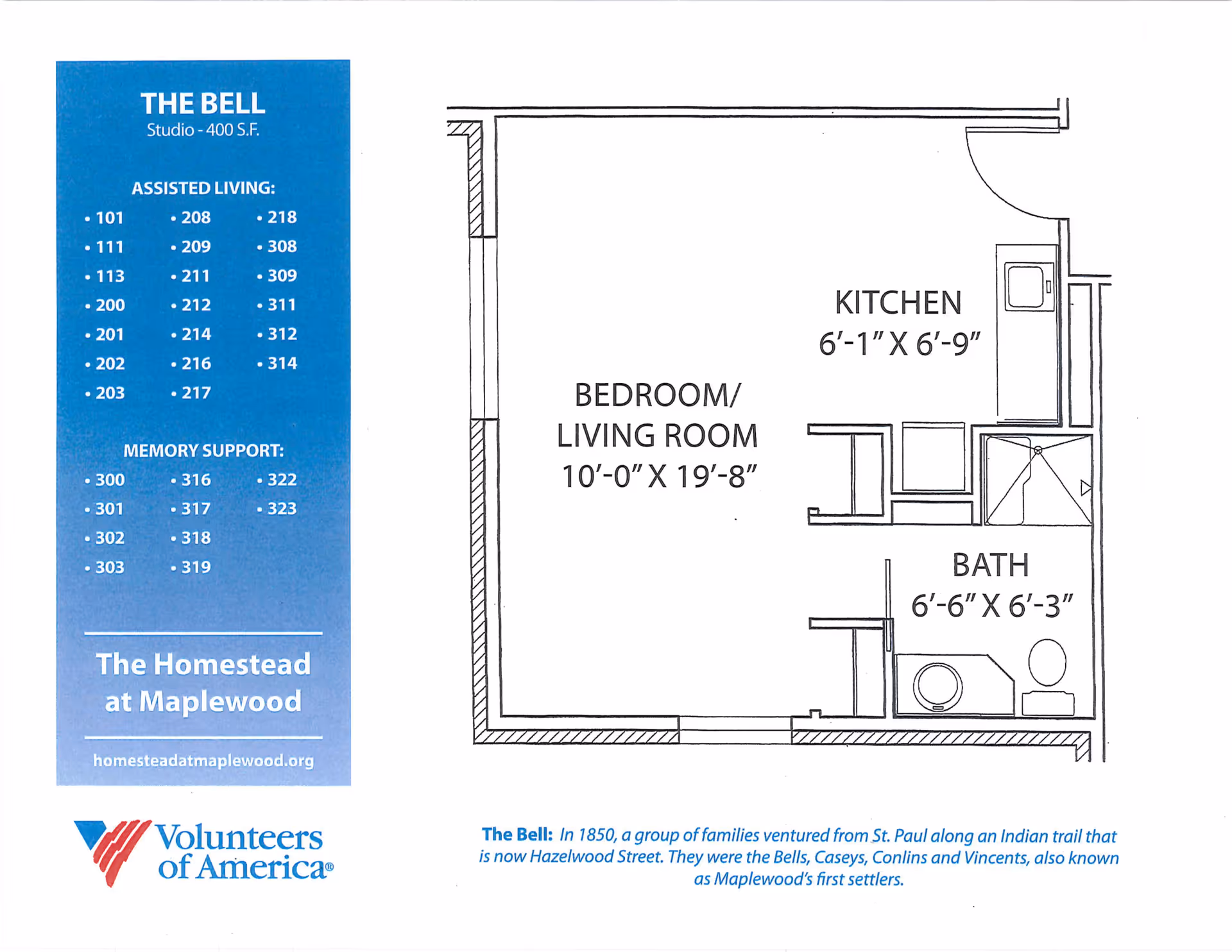 Floor plan of a studio apartment named The Bell at The Homestead at Maplewood, showing a combined bedroom and living room area measuring 10 feet by 19 feet 8 inches, a kitchen measuring 6 feet 1 inch by 6 feet 9 inches, and a bathroom measuring 6 feet 6 inches by 6 feet 3 inches. The left side panel lists assisted living and memory support room numbers and includes the Volunteers of America logo and website homesteadatmaplewood.org.