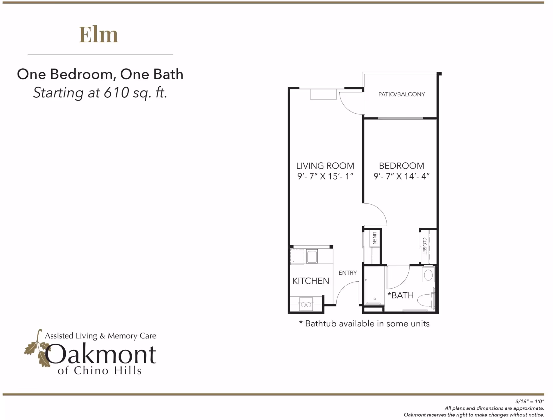 Floor plan of Elm unit at Oakmont of Chino Hills showing one bedroom, one bathroom, living room, kitchen, entry, linen closet, and patio/balcony. The living room measures 9 feet 7 inches by 15 feet 1 inch, and the bedroom measures 9 feet 7 inches by 14 feet 4 inches. Note indicates bathtub available in some units.