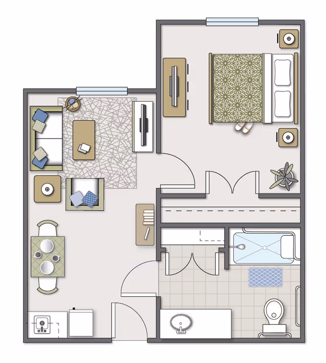 Top-down illustrated floor plan of a one-bedroom apartment showing a bedroom, living area, dining nook, kitchen and bathroom.