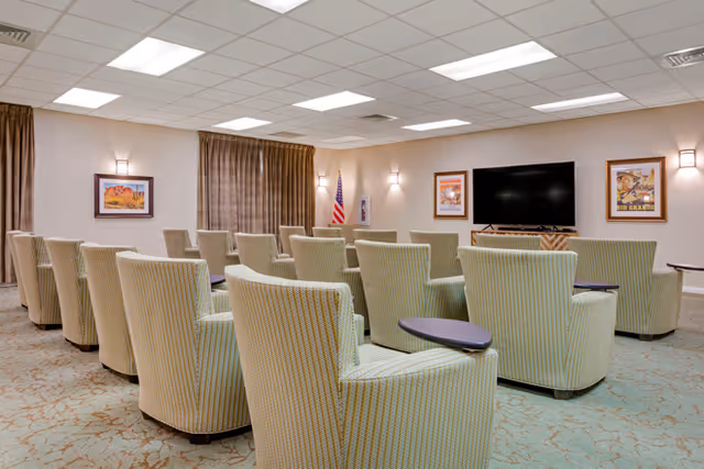 A small auditorium-style room with rows of upholstered armchairs facing a large wall-mounted television and framed artwork.