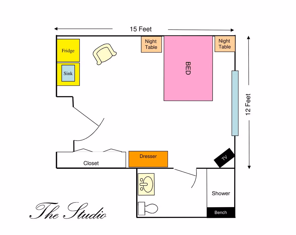 Floor plan of a studio apartment showing a 15 by 12 feet layout with a bed, two night tables, a dresser, a closet, a fridge, a sink, a chair, a shower with a bench, a toilet, a sink, and a TV.