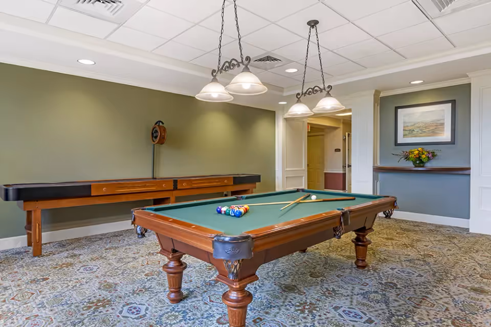 A recreational room with a pool table set up with billiard balls and cues, a shuffleboard table against a green wall, hanging pendant lights above the pool table, a patterned carpet, and a framed landscape painting with a flower arrangement on a shelf in the background.