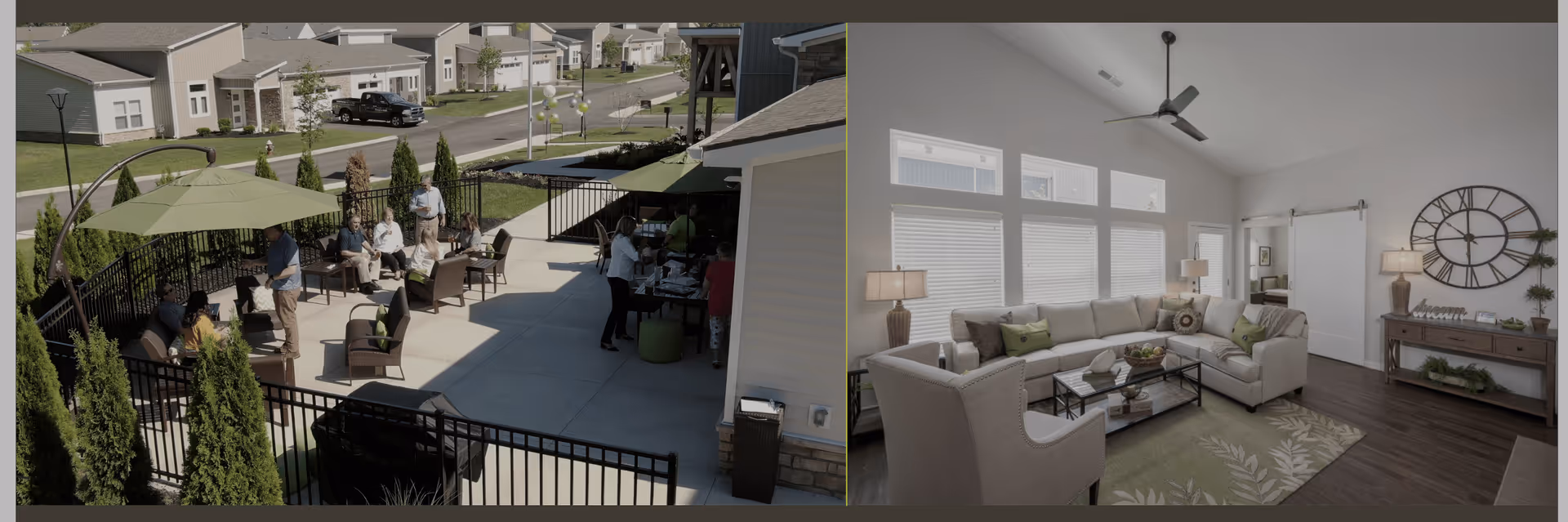 Left side: Outdoor patio area with several people sitting and standing under green umbrellas, surrounded by a black metal fence and greenery, with houses and a street in the background. Right side: Bright living room with a large beige sectional sofa, armchair, glass coffee table, two lamps on side tables, a large wall clock, and a sliding barn door, featuring high ceilings and multiple windows with blinds.