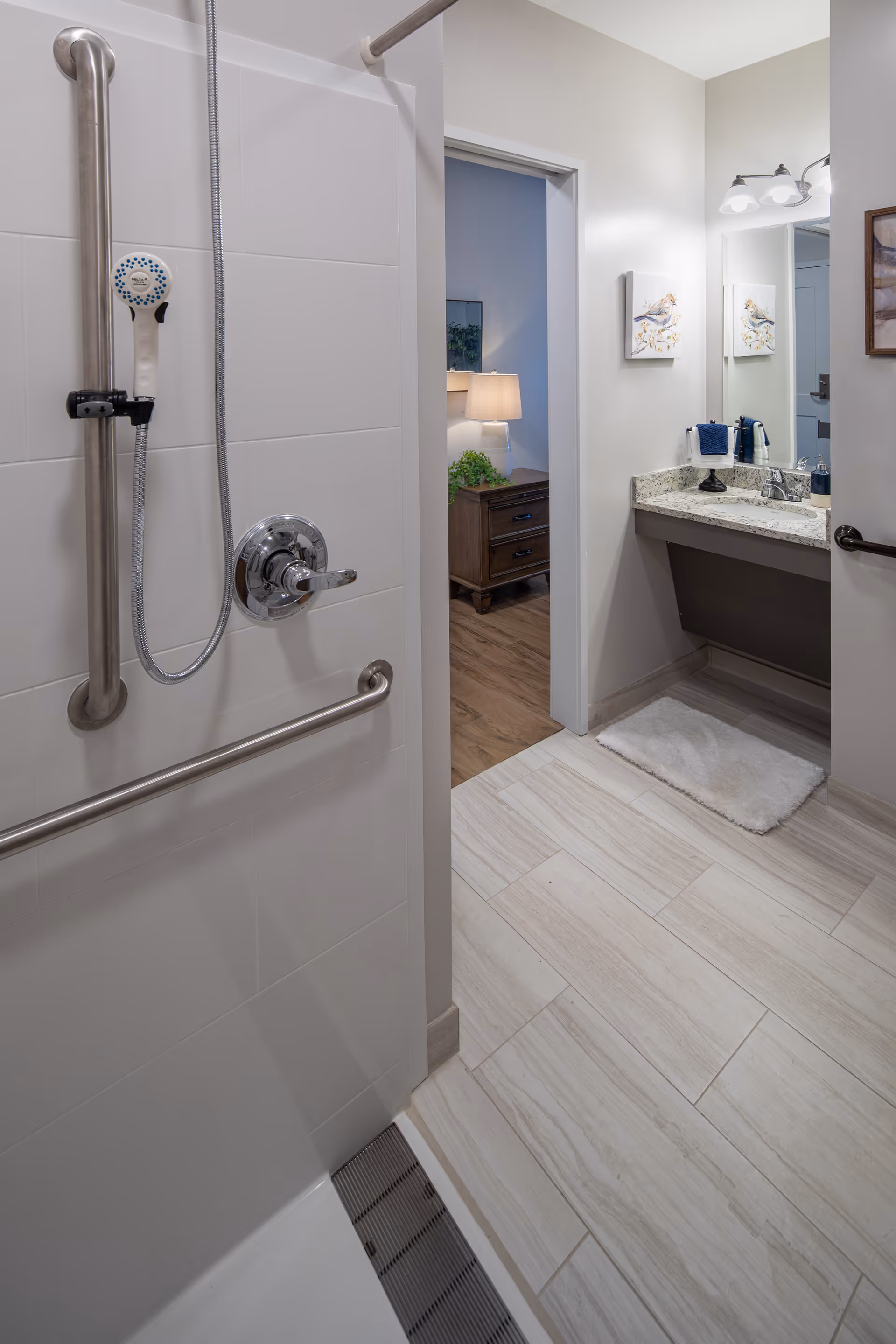 View of a bathroom with a walk-in shower featuring a handheld showerhead and grab bars. The bathroom has light-colored tiled flooring and a vanity with a granite countertop, a mirror, and a light fixture above. Through the open doorway, a bedroom with a wooden nightstand, a lamp, and a plant is visible.