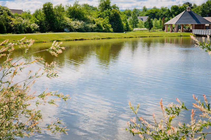 A peaceful pond surrounded by green grass and trees under a partly cloudy sky. On the right side, there is a gazebo-like structure with a dark roof and open sides, connected to a wooden walkway extending over the water.