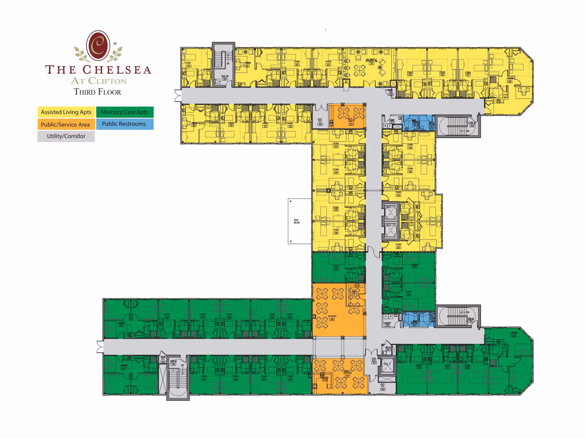 Floor plan of the third floor of The Chelsea at Clifton showing different apartment types and areas color-coded: yellow for assisted living apartments, green for memory care apartments, orange for public/service areas, blue for public restrooms, and gray for utility/corridors.