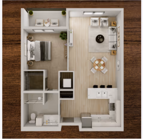 Top-down floor plan rendering of a one-bedroom apartment with an open living area, kitchen island, dining table, bedroom, bathroom, and closets.