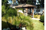 A garden area with green palm plants and a wooden gazebo surrounded by grass and shrubs, with a white building partially visible in the background.