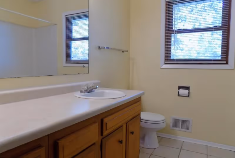 Bathroom with a countertop sink and vanity, mirror, toilet, and a window with blinds.