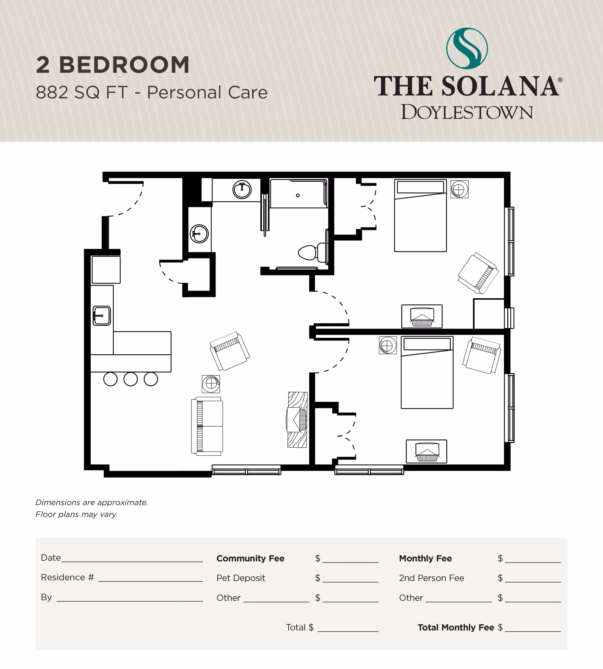 Floor plan layout of a 2-bedroom, 882 square feet personal care residence at The Solana Doylestown. The plan shows two bedrooms, a bathroom, a kitchen area with a sink and counter, and a living room with seating and a fireplace. There are also spaces for a dining area and other furniture. The image includes a section for community fee and monthly fee details at the bottom.