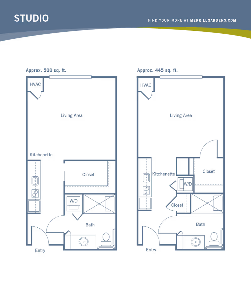 Floor plans for two studio apartments at Merrill Gardens at Campbell, showing layouts with living area, kitchenette, closet, bathroom, entry, HVAC, and washer/dryer. One plan is approximately 500 sq. ft. and the other is approximately 445 sq. ft.