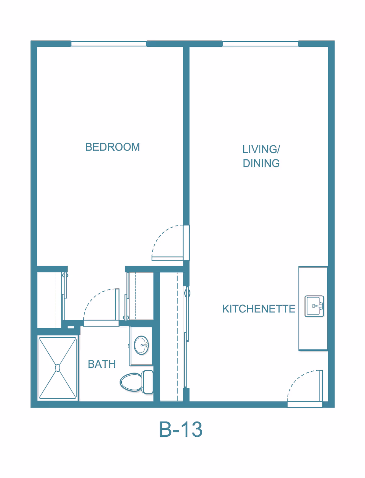 Floor plan labeled B-13 showing a one-bedroom apartment with a bedroom, bath, kitchenette, and combined living/dining area.