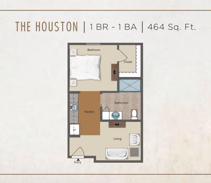 Floor plan of The Houston apartment at The Canopy at Walden Woods showing a 1 bedroom, 1 bathroom layout with 464 square feet. The layout includes a bedroom with a closet, a bathroom, a kitchen area, and a living room with an entry door.