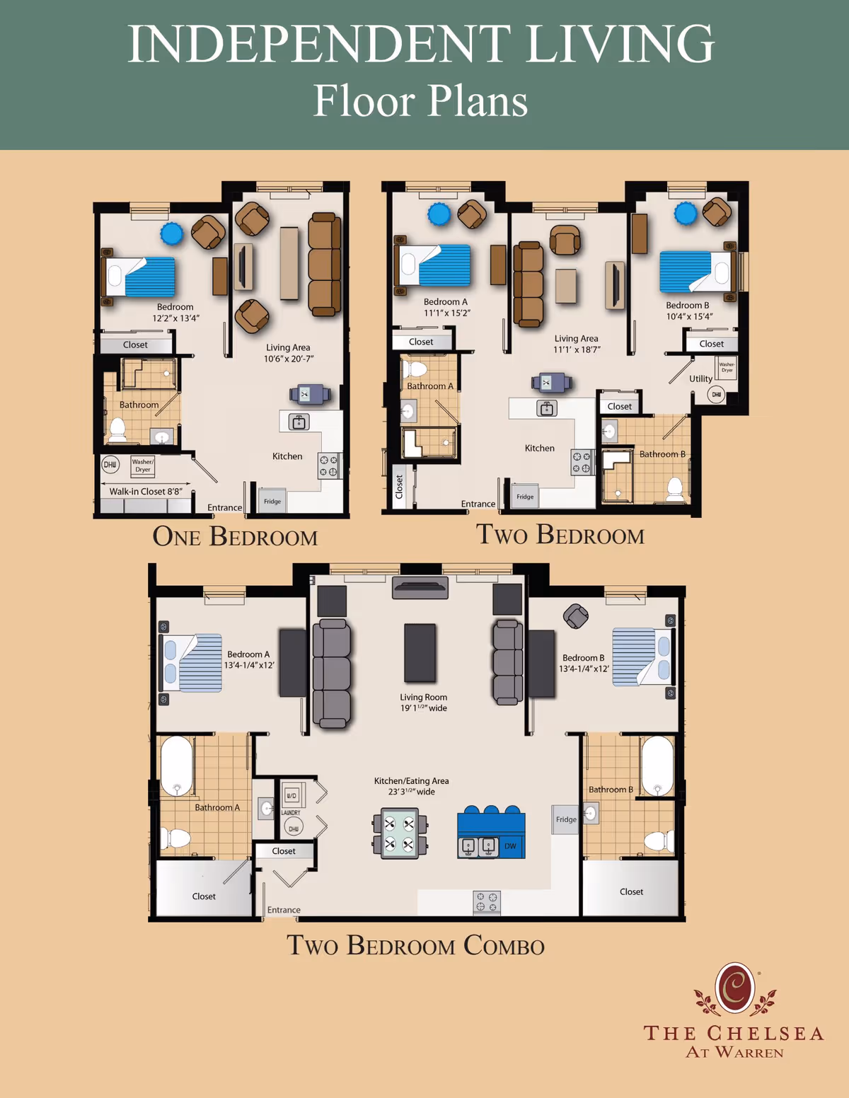 Floor plans for independent living apartments at The Chelsea at Warren, showing layouts for one bedroom, two bedroom, and two bedroom combo units with labeled rooms including bedrooms, bathrooms, living areas, kitchens, closets, and entrances.