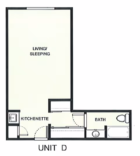 Floor plan of Unit D at Kamlu Retirement Inn-Vancouver showing a combined living and sleeping area, a kitchenette, and a bathroom with a bathtub, toilet, and sink.