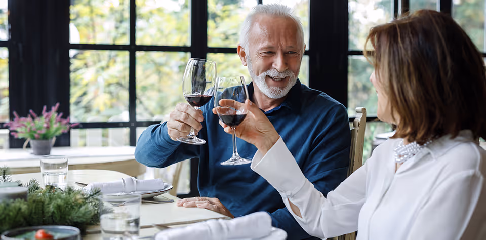 An elderly man and woman sitting at a dining table by large windows, smiling and clinking glasses of red wine in a toast. The table is set with plates, glasses, and napkins, and there is a small plant decoration visible.