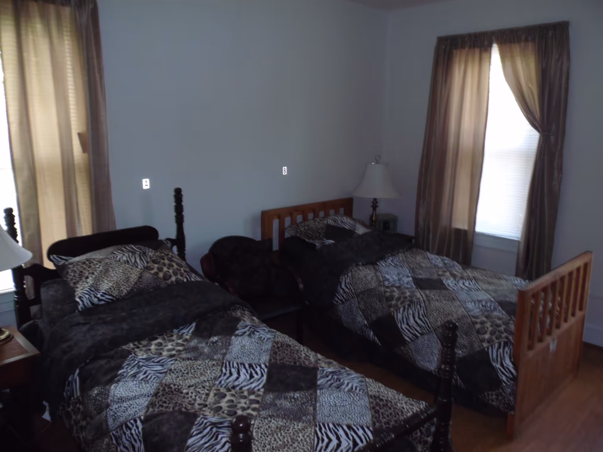 A bedroom with two single beds, each with animal print patterned bedding. There are two windows with beige curtains, a wooden nightstand with a lamp between the beds, and a chair placed between the beds.