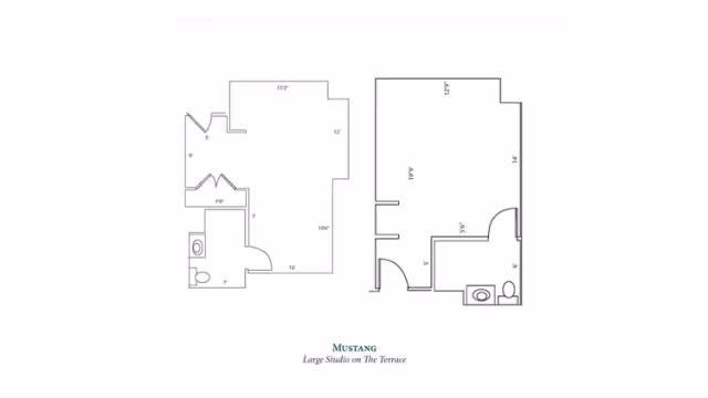 Architectural floor plan of a large studio apartment named Mustang at Brandywine Colts Neck by Monarch, showing layout with dimensions including a bathroom area.