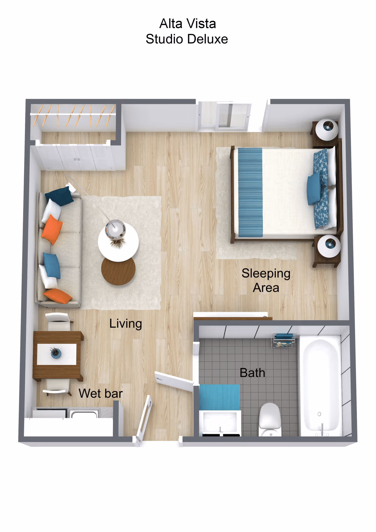 3D floor plan of Alta Vista Studio Deluxe apartment showing a living area with a sofa, coffee table, and wet bar; a sleeping area with a bed and two nightstands; and a bathroom with a bathtub, toilet, and sink.