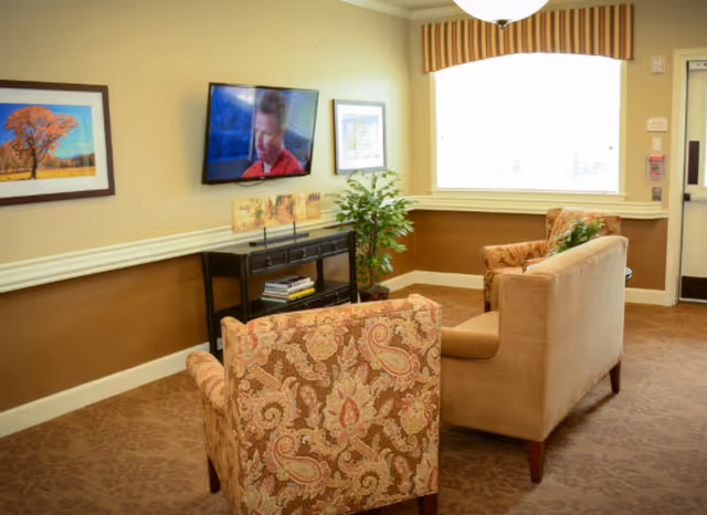 Cozy common room with patterned armchairs and a sofa facing a wall-mounted TV, a console table, potted plant, and a large window.