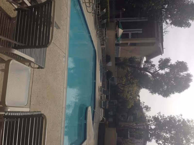 Outdoor swimming pool with lounge chairs and umbrellas in front of a two-story residential building and trees.