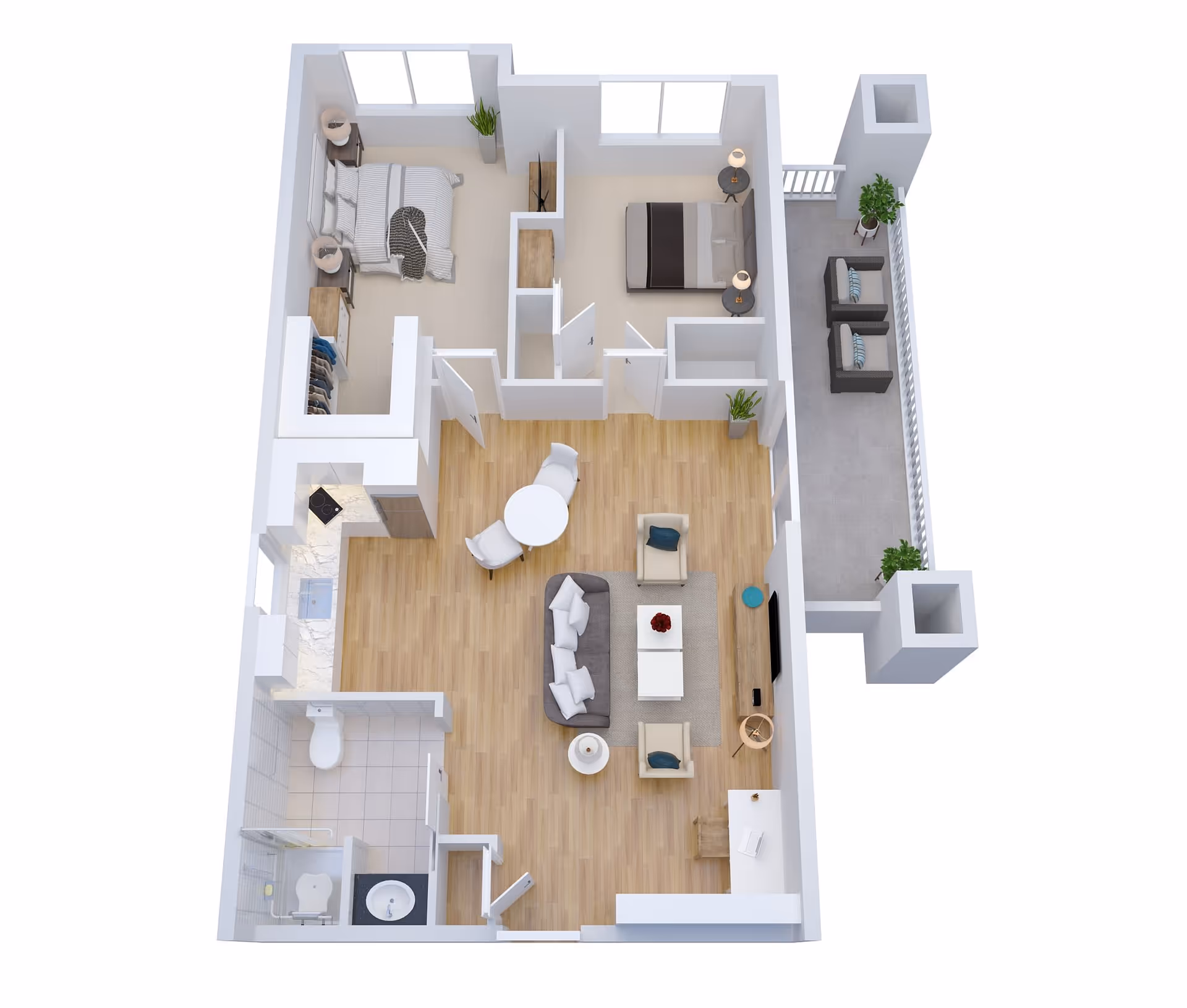 3D rendered two-bedroom apartment floor plan showing a living room, dining area, kitchen, bathroom, and balcony.