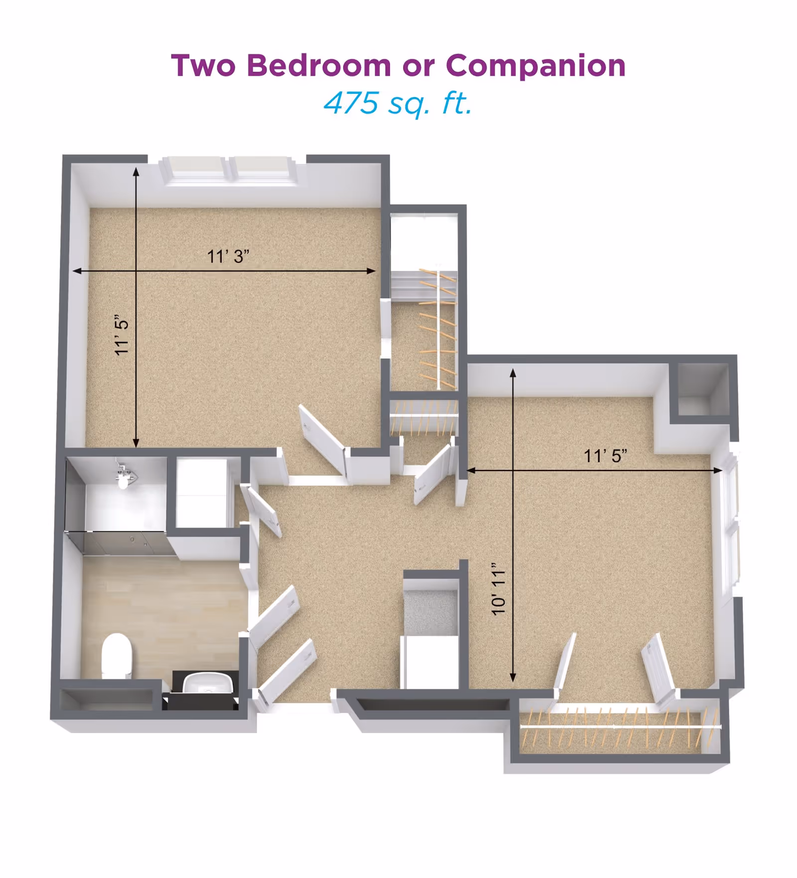 3D floor plan of a two-bedroom or companion apartment with a total area of 475 square feet. The layout includes two bedrooms with dimensions 11'3" by 11'5" and 11'5" by 10'11", a bathroom with a toilet, sink, and shower, and closets. The rooms are carpeted except the bathroom which has a tiled floor.