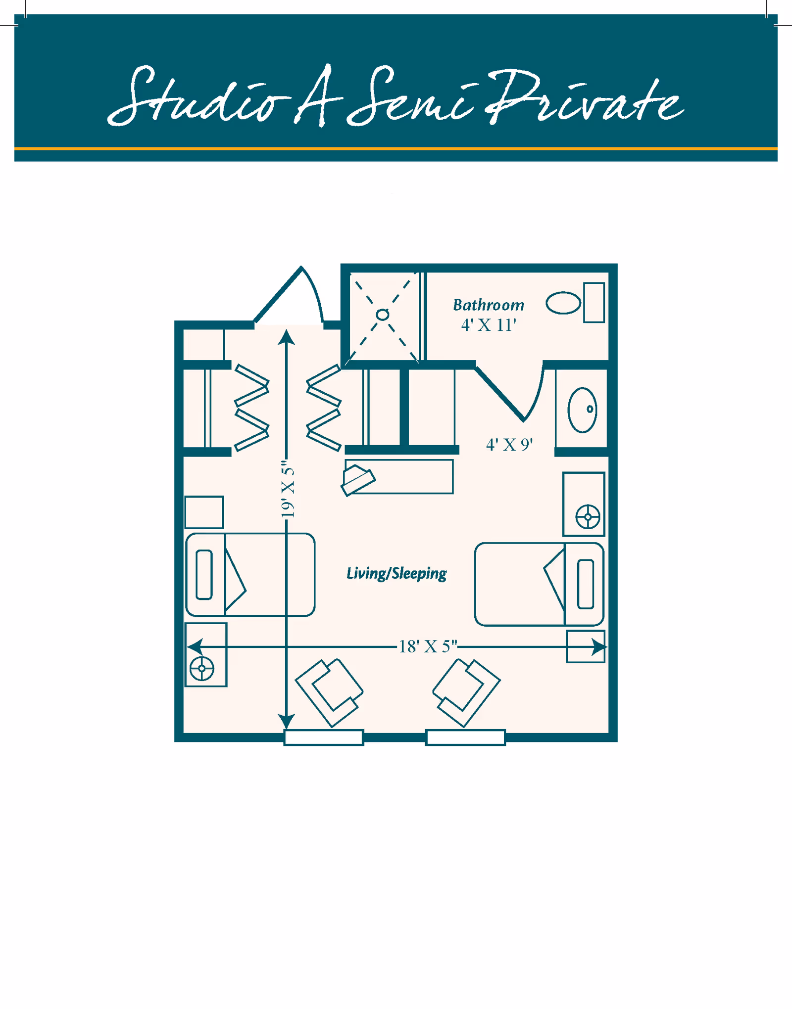 Floor plan labeled Studio A Semi Private showing a living/sleeping area with two beds, two chairs, and a bathroom with a shower, toilet, and sink.