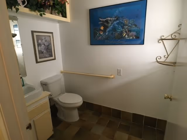 A small bathroom with a white toilet, a sink with a cabinet, and a grab bar on the wall. The walls are white and decorated with two framed pictures, one floral and one underwater scene with dolphins. The floor is tiled in earth tones.