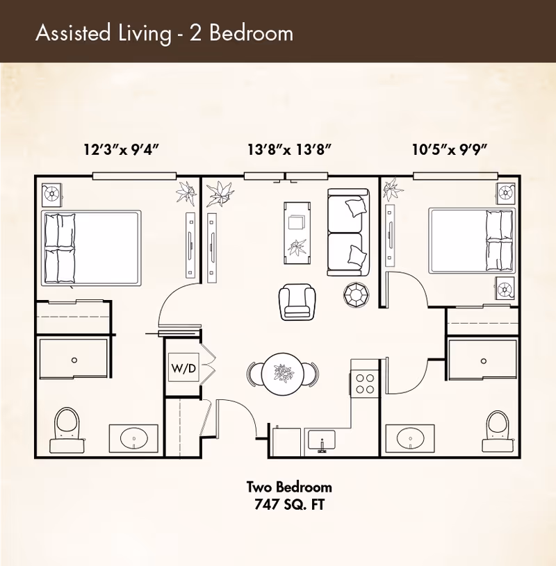Black-and-white floor plan diagram of a two-bedroom assisted living apartment (747 sq. ft.) showing room layouts, furniture and dimensions.