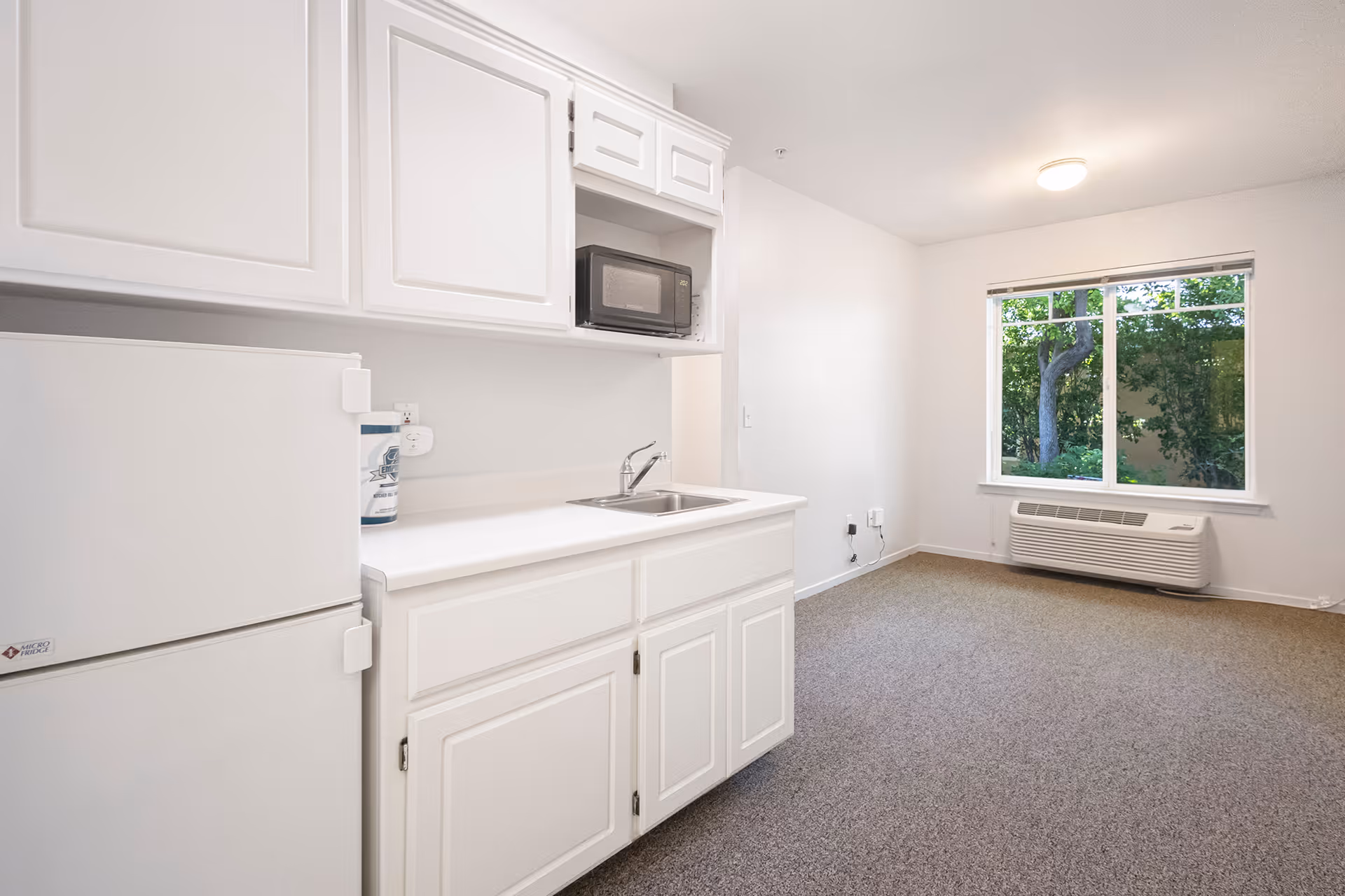 Small studio interior with a compact white kitchenette, carpeted living area, and a windowed wall air-conditioning unit overlooking trees.