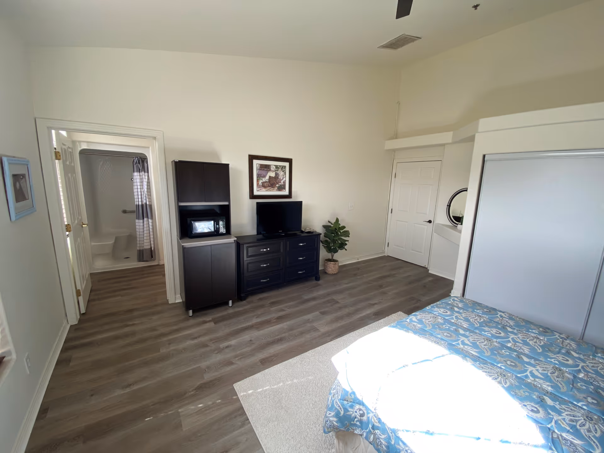 Bright studio bedroom with a bed in the foreground, dresser and TV, a storage cabinet with microwave, potted plant, and an open doorway to a bathroom.