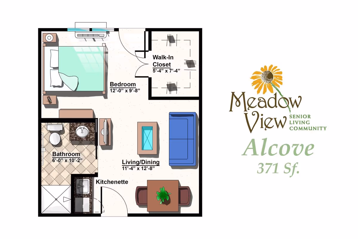Floor plan of a senior living alcove apartment at Meadow View Senior Living Community, showing a bedroom with a bed and nightstand, a walk-in closet, a bathroom with a toilet, sink, and shower, a kitchenette, and a living/dining area with a sofa, coffee table, and dining table with two chairs.