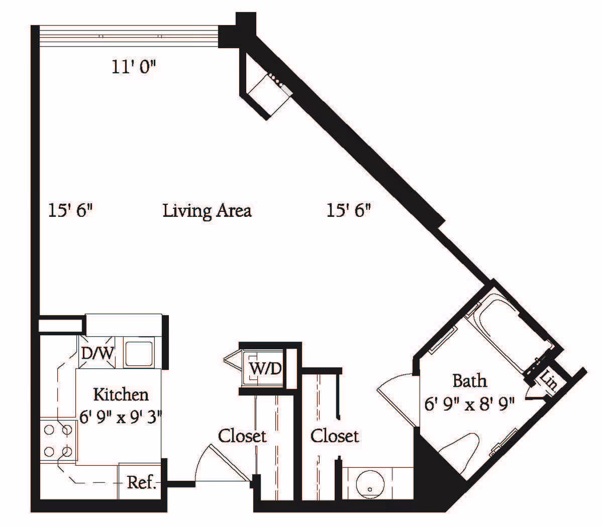 Floor plan of a living space at Lincolnwood Place showing a living area measuring 15'6" by 15'6" and 11'0", a kitchen measuring 6'9" by 9'3" with a dishwasher and refrigerator, two closets, a washer/dryer area, and a bathroom measuring 6'9" by 8'9" with a bathtub and linen closet.