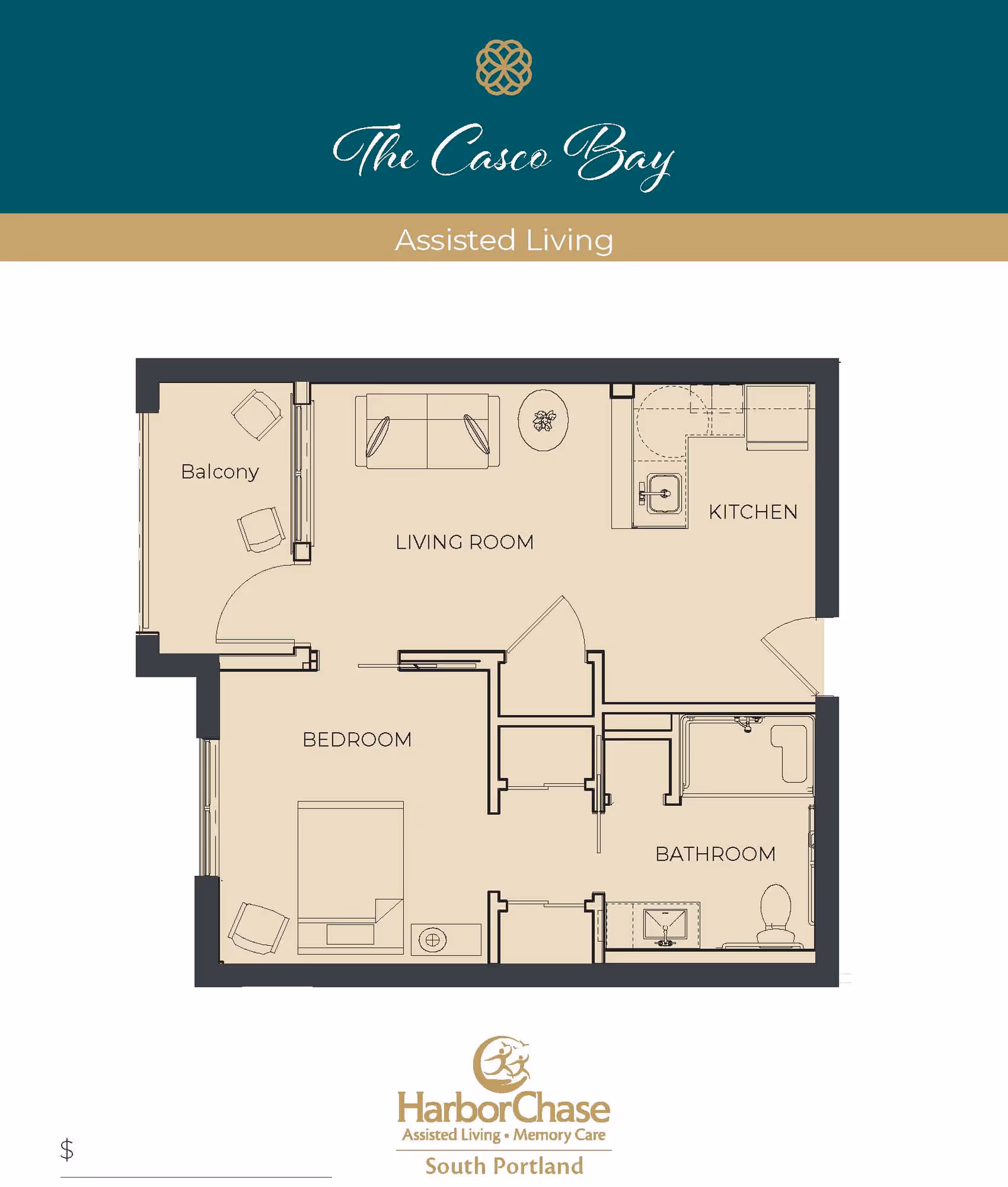 Floor plan of an assisted living unit at The Casco Bay, showing a bedroom, bathroom, kitchen, living room, and balcony. The layout includes furniture placement such as a bed and chairs in the bedroom, a sofa and table in the living room, and kitchen appliances.