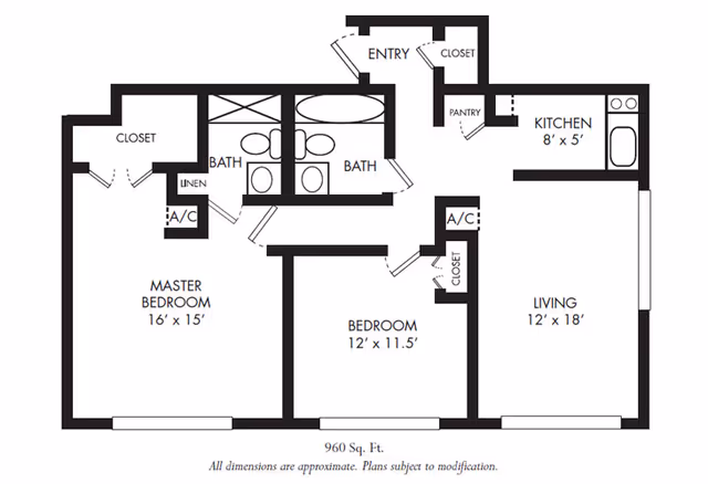 Floor plan of a residential unit at Calusa Harbour showing a master bedroom, a second bedroom, two bathrooms, a kitchen, a living room, closets, pantry, and entry area. The master bedroom measures 16 by 15 feet, the second bedroom 12 by 11.5 feet, the kitchen 8 by 5 feet, and the living room 12 by 18 feet. The total area is 960 square feet.