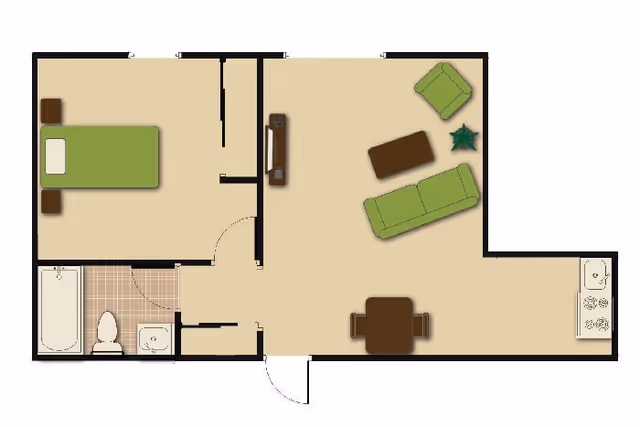 One-bedroom apartment floor plan showing a bedroom with a bed, a bathroom, an open living and dining area with sofa, chair, TV and table, and a kitchen along the right wall.