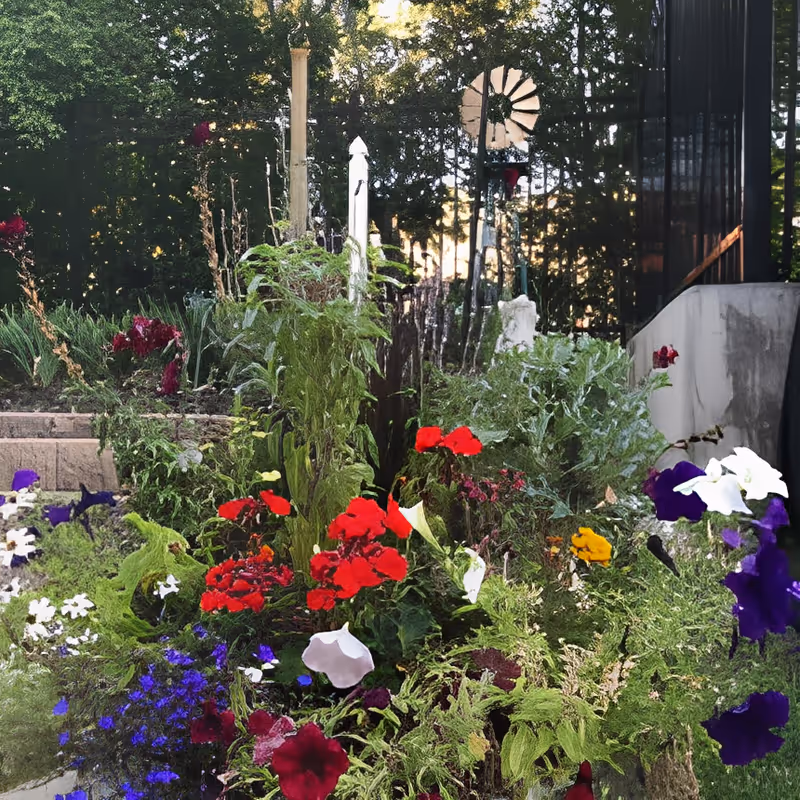 A vibrant garden with a variety of colorful flowers including red, white, purple, and yellow blooms. In the background, there is a small windmill decoration and lush green trees. Part of a building structure with a concrete wall and black mesh screen is visible on the right side.