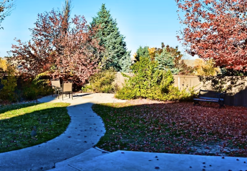 Curved concrete path through a backyard garden with patio chairs, a bench, and trees with autumn leaves.