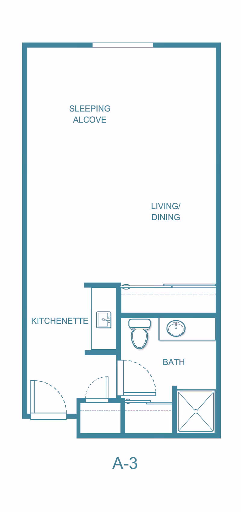 Floor plan layout of a studio apartment labeled A-3, showing areas designated as sleeping alcove, living/dining, kitchenette, and bath with a toilet, sink, and shower.